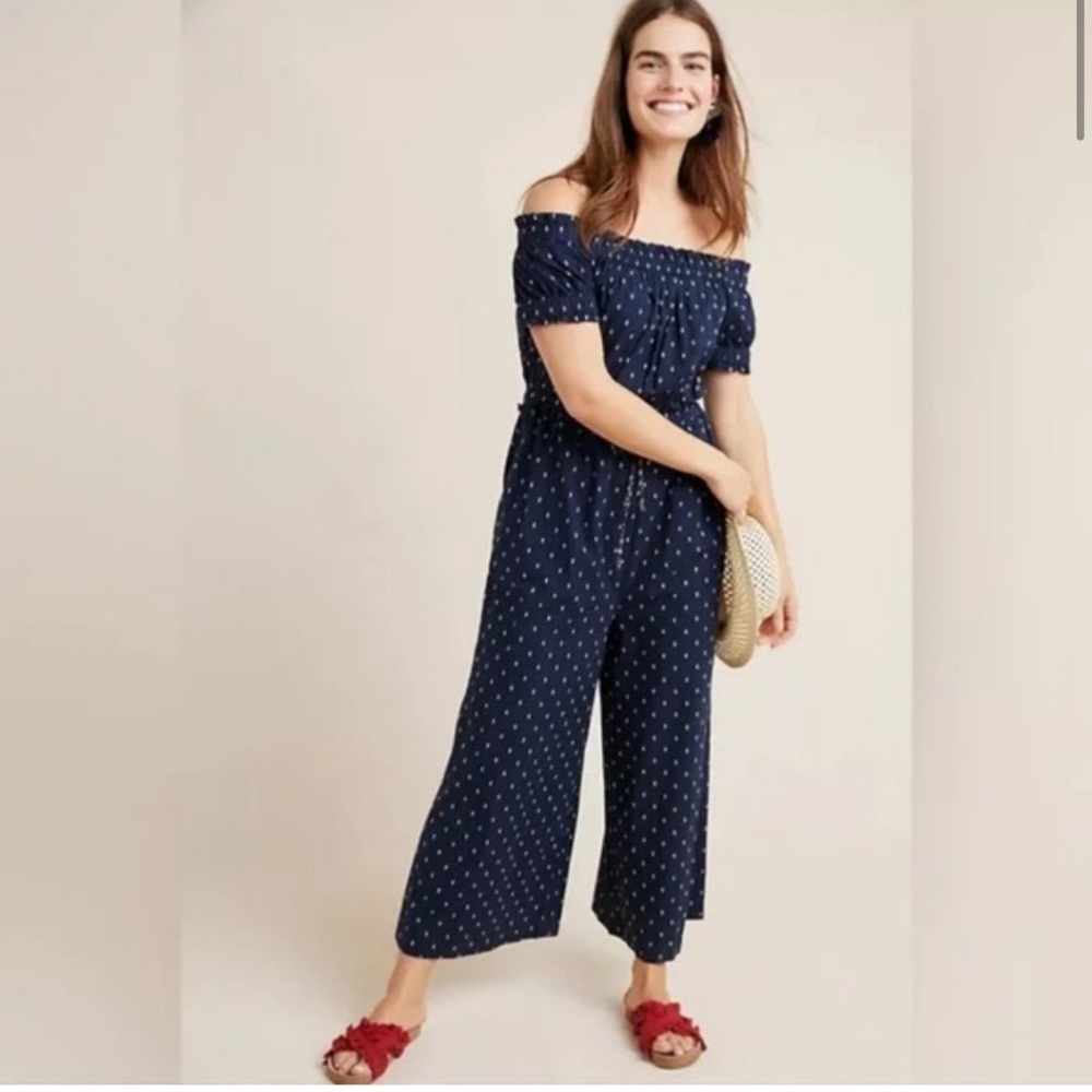 Anthropologie Finley Navy Blue Off-The-
Shoulder Wide Leg Jumpsuit Size SP